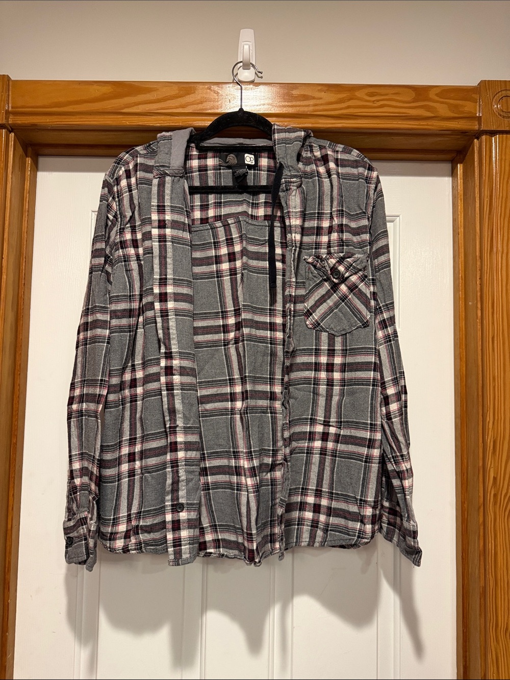 OP Gray Plaid Hooded Lightweight Shirt Jacket with Maroon Stripes